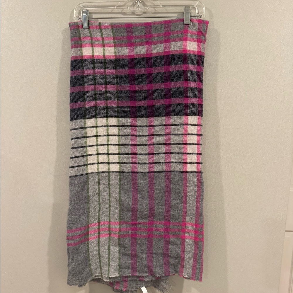 Talbots Pink Gray Check Plaid Wool Blend Square Scarf Shawl Italy